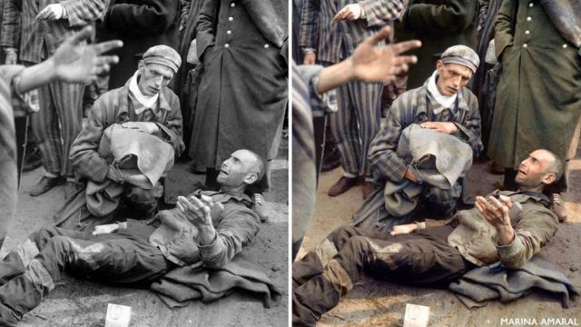 Comparación entre la imagen original de un campo de concentración de Wöbbelin, Alemania, y el trabajo de Marina.