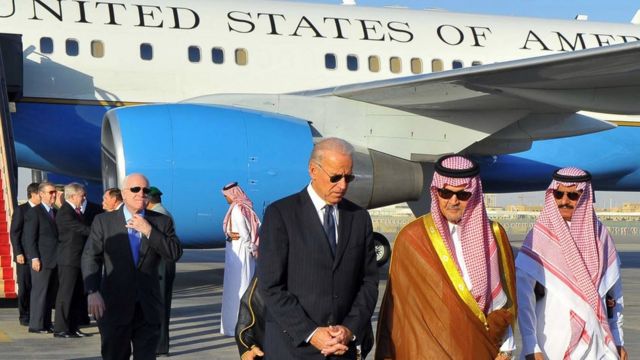 Praying during a visit to Riyadh while Vice President Barack Obama
