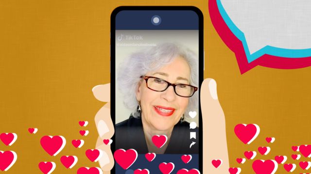 Foto de Aída Sedano incluída en una ilustración de un móvil con corazones