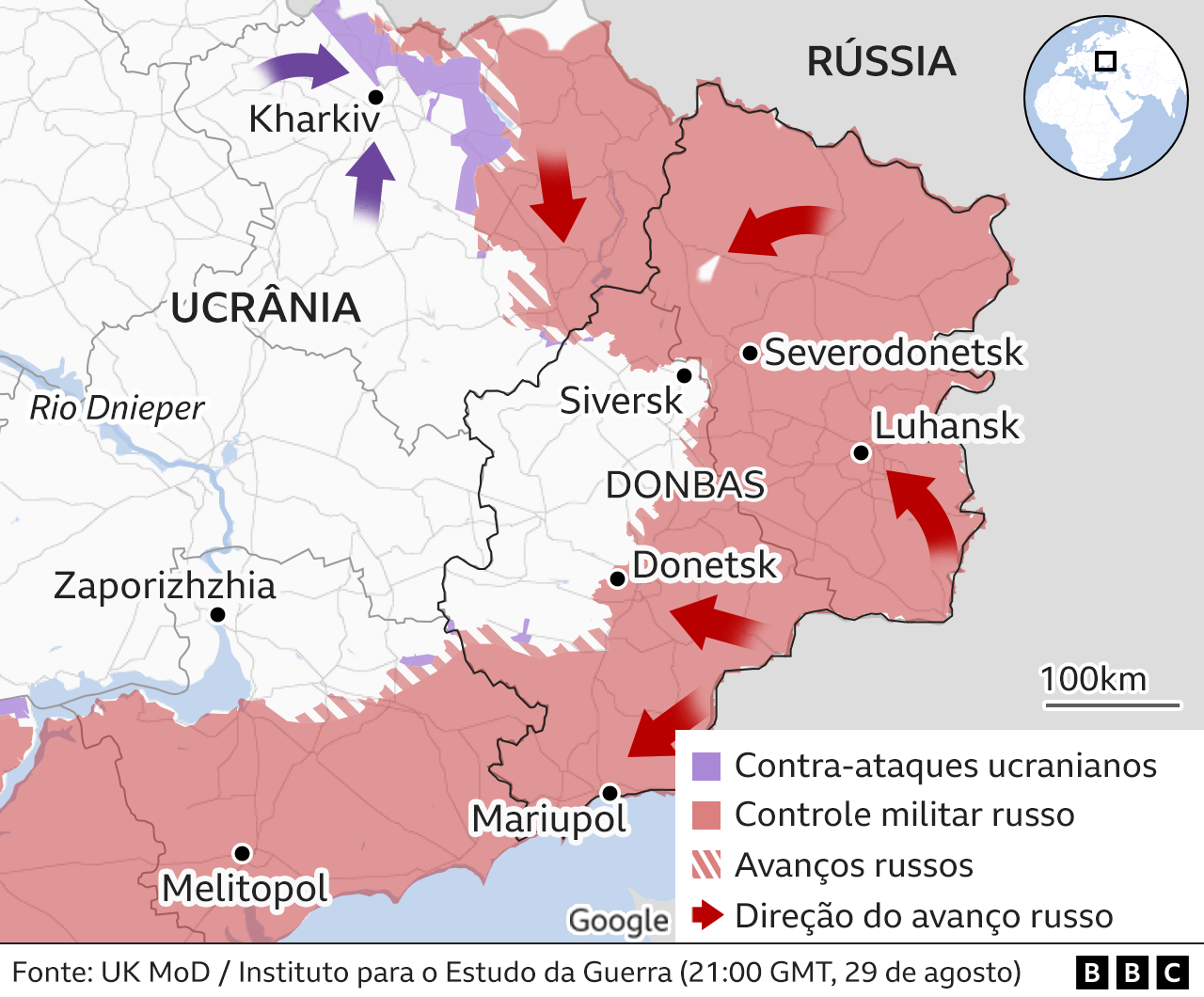 Mapa mostra avanço russo no leste da Ucrânia