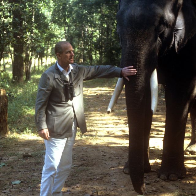 Prince Philip with an elephant in India