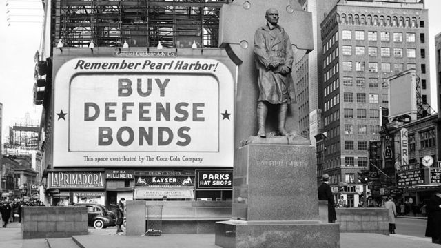 A call to buy war bonds in Times Square, New York City, in 1940.