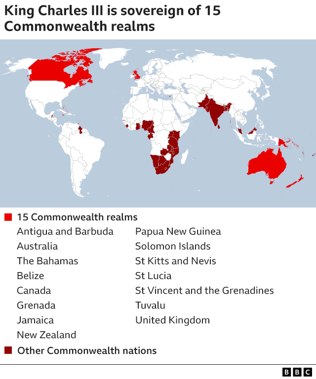 Карта, показывающая 15 королевств Содружества, сувереном которых является король Карл III: Антигуа и Барбуда, Австралия, Багамы, Белиз, Канада, Гренада, Ямайка, Новая Зеландия, Папуа-Новая Гвинея, Сент-Китс и Невис, Сент-Люсия, Сент-Винсент и Гренадины, Соломоновы острова, Тувалу и Великобритания
