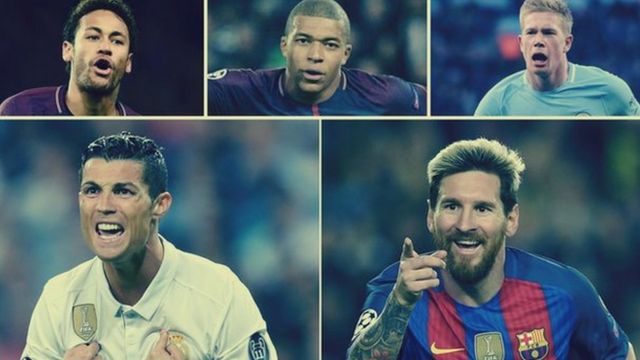 Neymar, Kylian Mbappe, Kevin de Bruyne, Cristiano Ronaldo na Lionel Messi