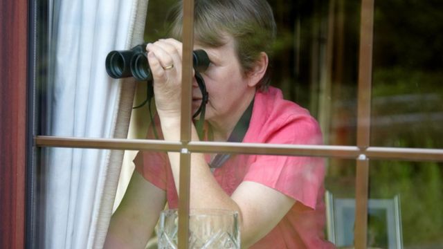 Una mujer mira por la ventana con larga vistas.