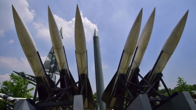 Replicas of North Korean Scud-B missile (C) and South Korean Hawk surface-to-air missiles are displayed at the Korean War Memorial in Seoul on July 8, 2016
