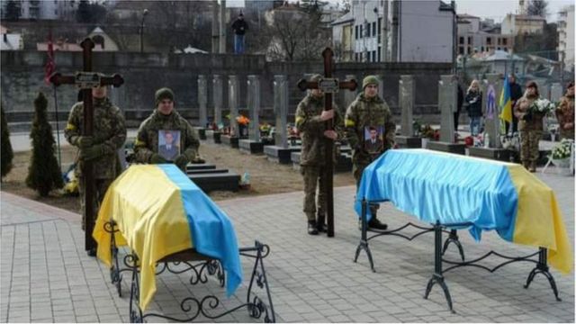 Authorities held funerals for three Ukrainian soldiers killed in action in the western Ukrainian city of Lviv.