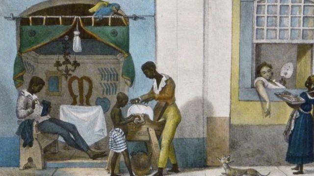 Pintura de Jean-Baptiste Debret retrata pessoas negras realizando serviços de cabeleireito, barbeiro e vendedora, no Rio de Janeiro do século 19