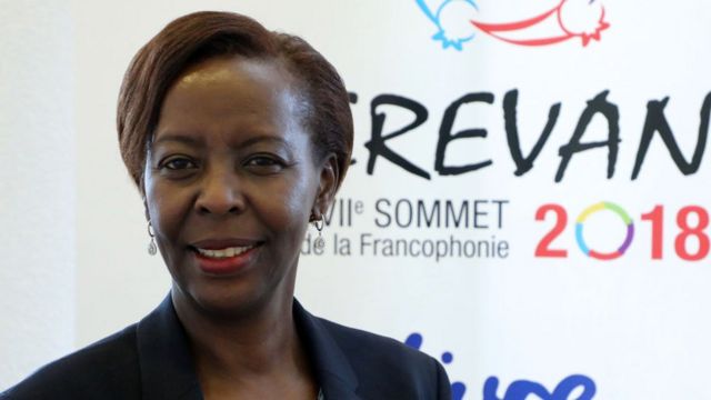 La ministre rwandaise des Affaires étrangères Louise Mushikiwabo, nouvellement élue secrétaire générale de l'Organisation internationale de la Francophonie (OIF), lors du 17e sommet des pays francophones à Erevan, le 12 octobre 2018