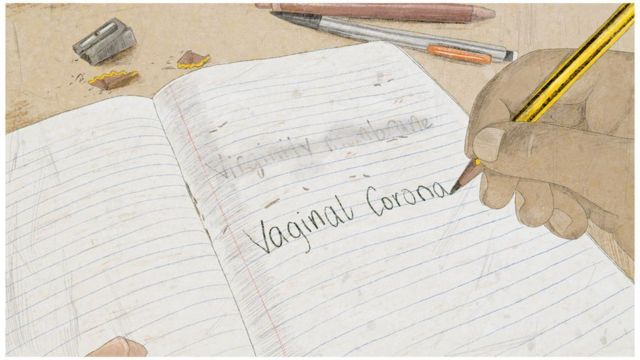 Illustration of someone writing 'vaginal corona' in a notebook