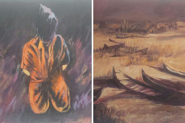 بعض من الصور التي رسمها صبري القرشي، الذي بدأ بالرسم في غوانتانامو (صبري القرشي)