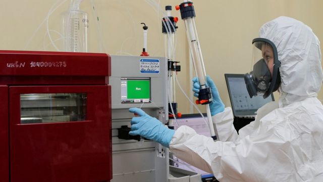 A scientist works inside a laboratory of the Gamaleya Research Institute of Epidemiology and Microbiology during the production and laboratory testing of a vaccine against the coronavirus disease (COVID-19), in Moscow