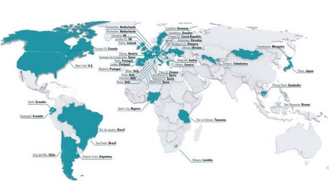 Mapa da Safeguard Defenders com as localizações das supostas "delegacias chinesas" pelo mundo
