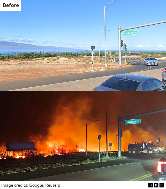 Images show before and after of view from a main road with mountains in the distance before the fire and with fire blazing