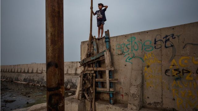 صبي يقف على جدار حماية بحري مشيد حديثا يحمي جاكرتا من ارتفاع منسوب مياه البحر،