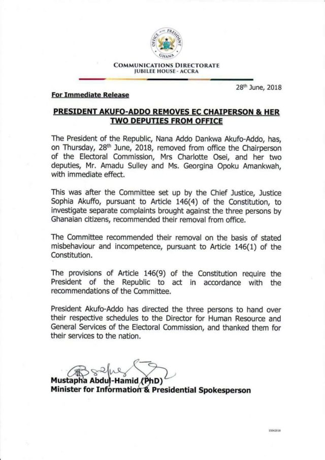 Ghana President Akufo Addo Sack Electoral Commission Boss Den Two Deputies c News Pidgin