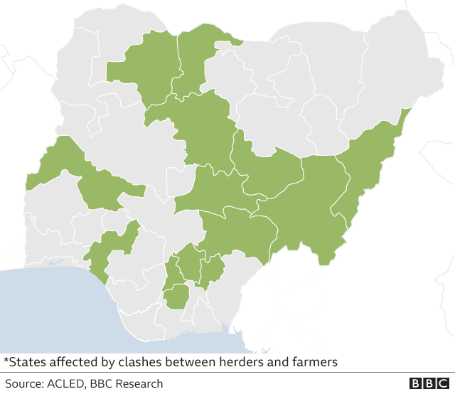 Map showing areas affected by clashes between farmers and herders