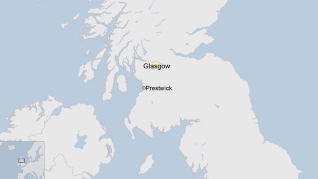 Mapa que muestra la distancia entre Prestwick y Glasgow