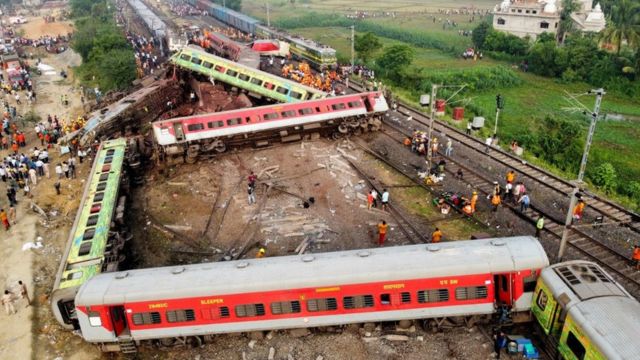 A drone view shows derailed coaches after two passenger trains collided in Balasore district in the eastern state of Odisha