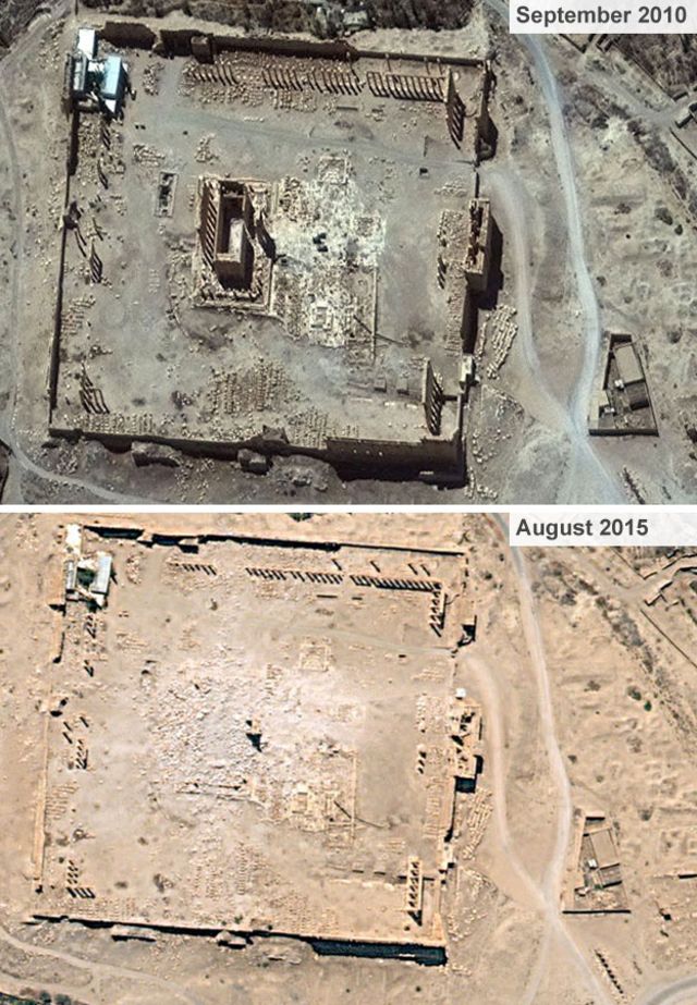 Temple of Bel before and after its destruction by IS