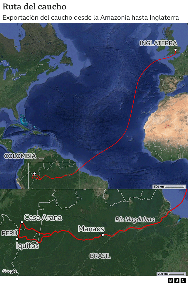 mapa ruta del caucho desde Amazonas hasta Inglaterra