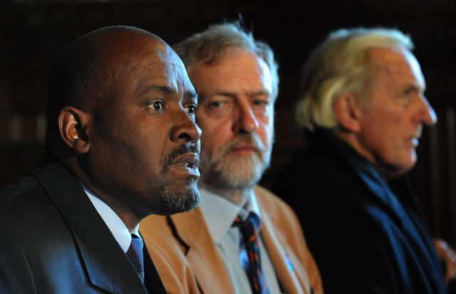 Olivier Bancoult (left), the Chagossian leader, is accompanied by supporters Jeremy Corbyn MP (centre) and investigative journalist, John Pilger (left) as he holds a press conference at the House of Commons, 2008