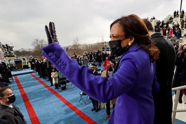 Vice President-elect Kamala Harris waves to the crowd