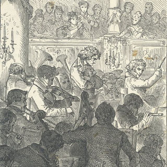 Period engraving of Beethoven on stage, conducting the Ninth Symphony
