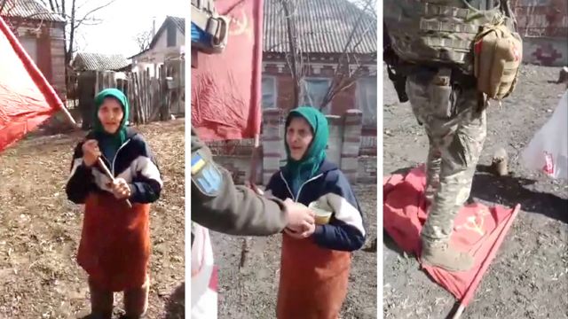 Estos fotogramas del vídeo viral muestran el encuentro de Babushka Z con los soldados ucranianos.