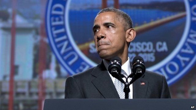 File photo from June 19, 2015, of US President Barack Obama speaking about gun violence at the Annual Meeting of the US Conference of Mayors in San Francisco