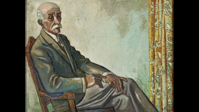 O quadro de John Graz retrata o desembargador Gabriel Gonçalves Gomide, um homem de cabelos brancos e bigode, em uma cadeira