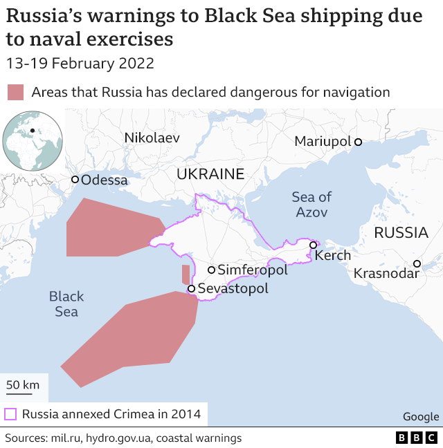 Map showing area of Russian naval exercises in Black Sea
