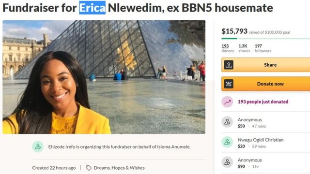 Fundraiser Erica Nlewedim Gofundme For naija Season 5 Disqualified Housemate And Wetin Fit Make Fans Donate Over 15 000 For Her c News Pidgin