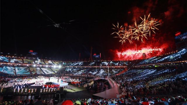 Fireworks go off over the Pyeongchang Olympic Stadium at the closing ceremony for the 2018 Winter Paralympic Games