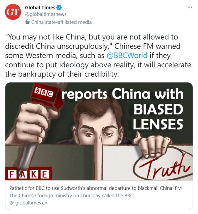 A tweet about the BBC posted by China's Global Times