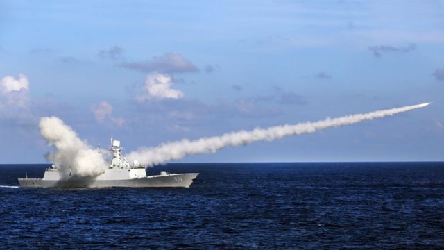 Chinese missile frigate Yuncheng launches an anti-ship missile during a military exercise