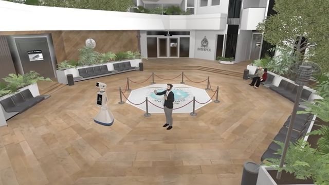 Una versión de realidad virtual de la sede de Interpol en Lyon. Los gráficos son como los de una Nintendo Wii.