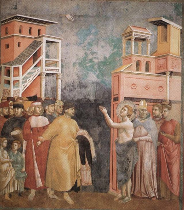 Pintura de Giotto, feita no fim do século 13, ilustra o momento em que São Francisco desfez-se de suas roupas para assumir a vida junto aos pobres