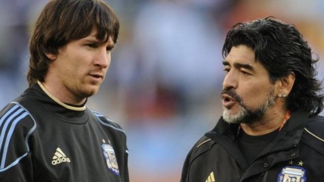 Argentina's A-team: Maradona, then manager of the national side, passes on his wisdom to forward Lionel Messi at the 2010 World Cup but they are beaten 4-0 by Germany in the quarter-finals