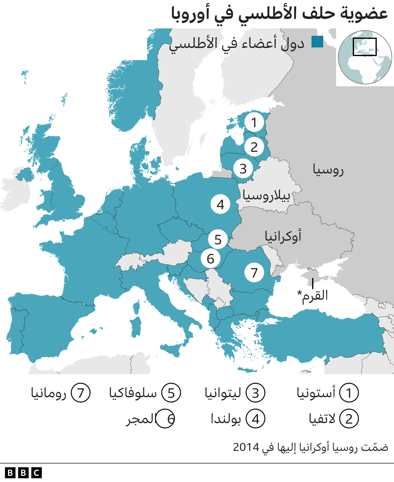 خريطة توضح الدول الأعضاء في حلف الناتو من أوروبا الشرقية والبلطيق