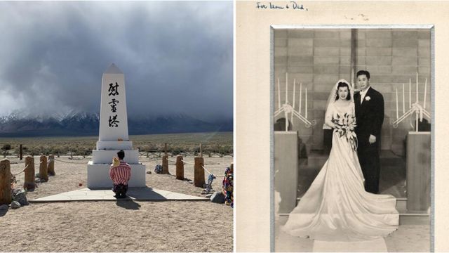 Konno presta homenagem a seus antepassados no local que abrigou o campo de realocação de Manzanar (à esquerda), seus avós no dia do casamento (à direita)