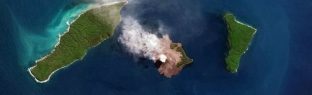 A satellite image of Anak Krakatau erupting in August