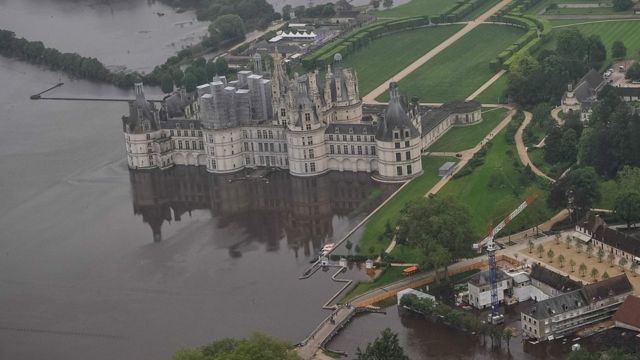 The castle of Chambord, south-west of Paris, and its partly flooded park after the river Cosson burst it banks