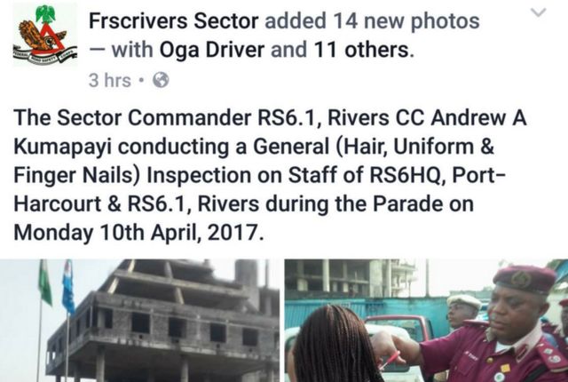 Post from FRSC Facebook says that sector commanders was conducting a hair, uniform and finger nails inspection; photo shows him cutting off female employees' hair