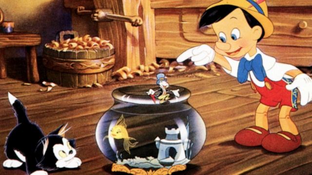 El gato, Pepito Grillo y Pinocho en la película de Disney