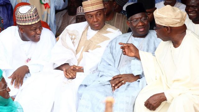 Yakubu Dogara, Bukola Saraki, Goodluck Jonathan, ati Olusegun Obasanjo