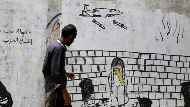 جدارية تصور قصف الاطفال في اليمن