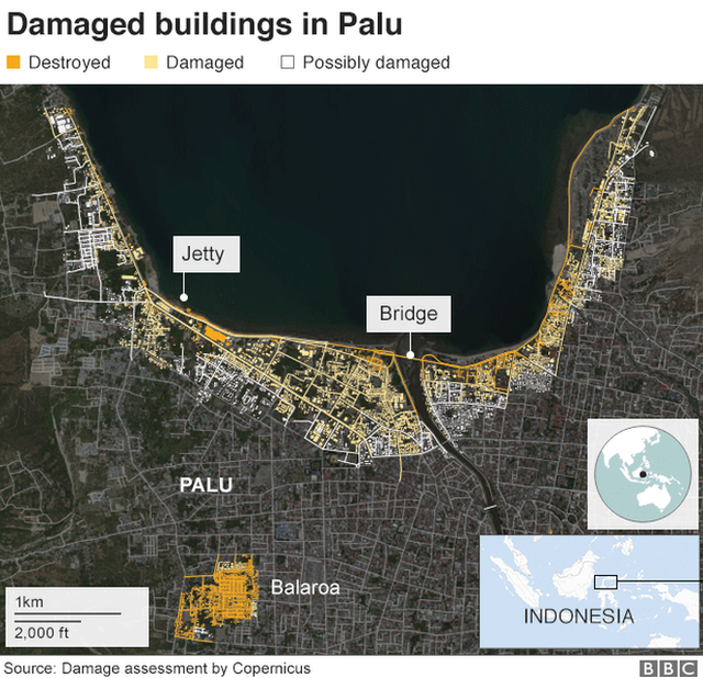 Map showing damage in Palu