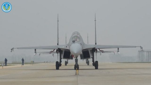 An Air Force aircraft takes part in military drills by the Eastern Theatre Command of China's People's Liberation Army (PLA) around Taiwan, in this screengrab from a handout video released August 19, 2023.