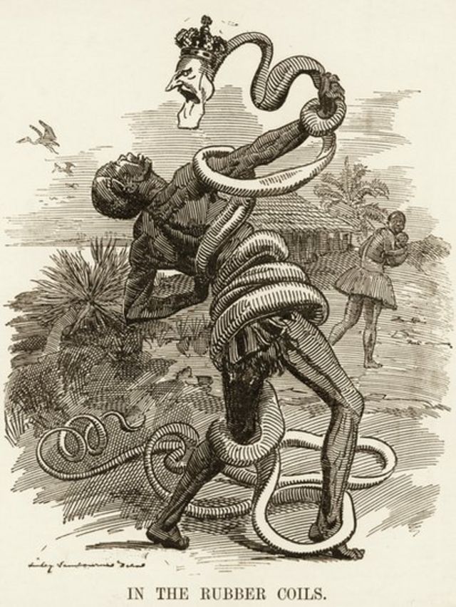 Ilustración de un hombre negro atrapado por una serpiente con la cabeza del rey belga